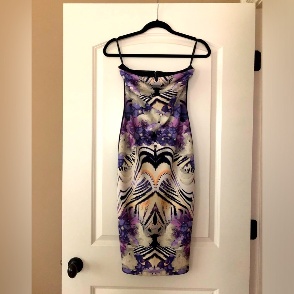 Bebe purple printed strapless dress, size S